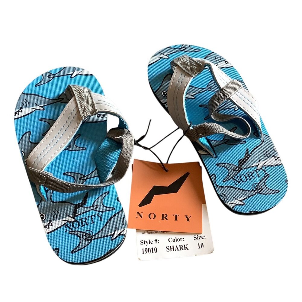 Norty Kids Shark Print Flip Flops Size 10 Blue & Gray Rubber Sandals